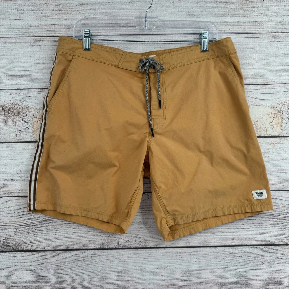 Katin Board Shorts Mens 34 Gold Brown Striped Hybrid Surf Swim Trunks RN145195